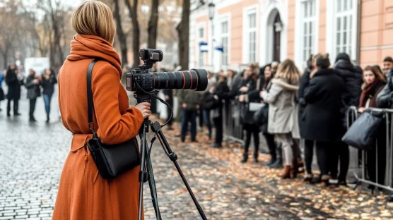 Animoitu kuva mikrofoneista ja lehdistötilaisuudesta, jossa hoidetaan suhteita mediaan.